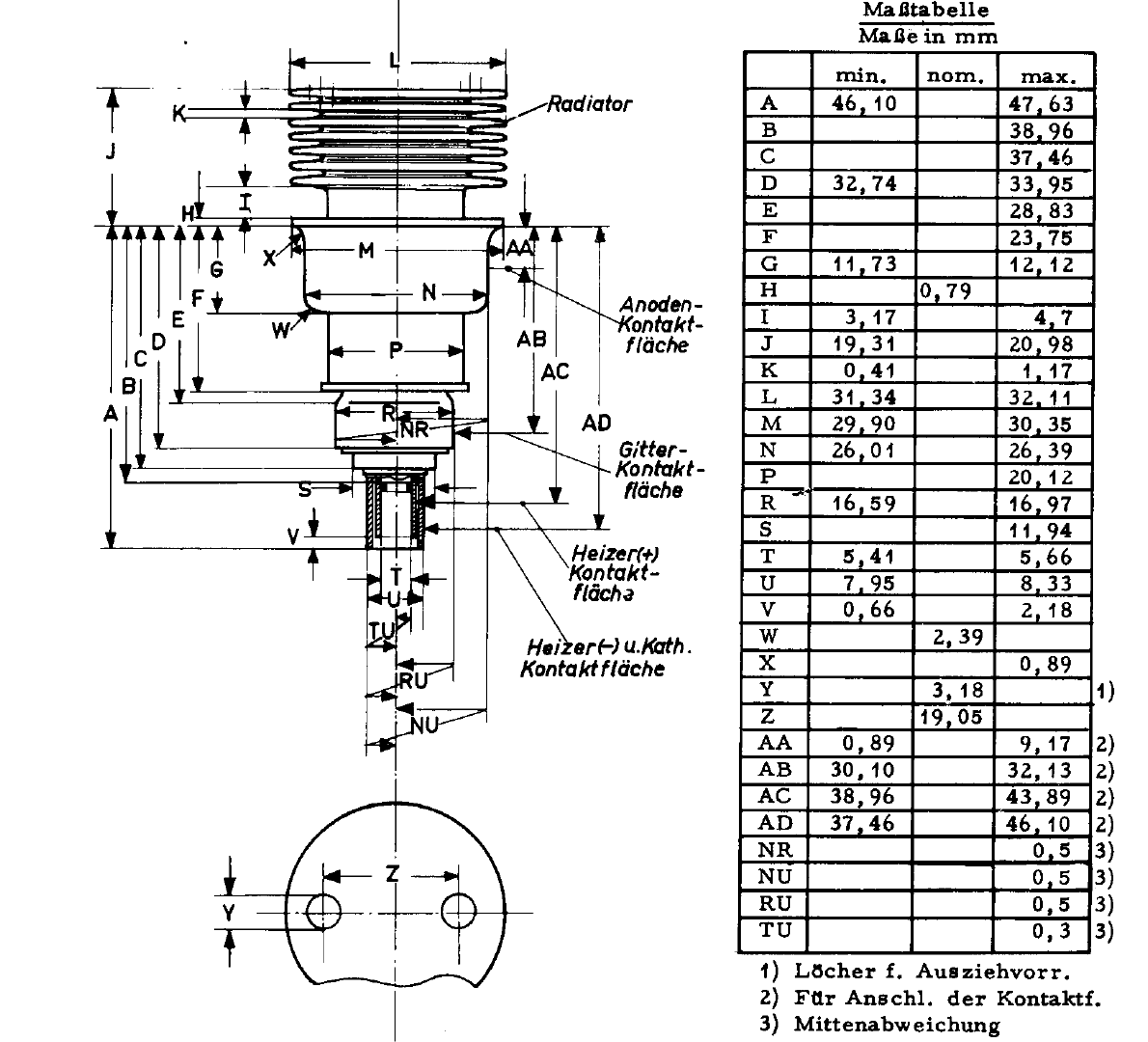 Technische Zeichnung — Koaxialsockel 2C39/7289 mit 4 Kontaktflächen